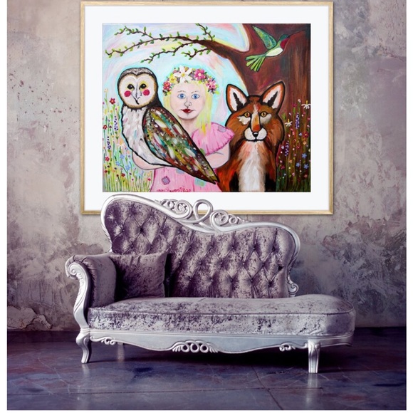 Blossom Fox Owl Art Print Oil Painting Flowers Child Portrait Whimsical Decor - Picture 2 of 9
